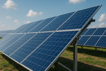 Tilted solar panels absorbing sunlight
